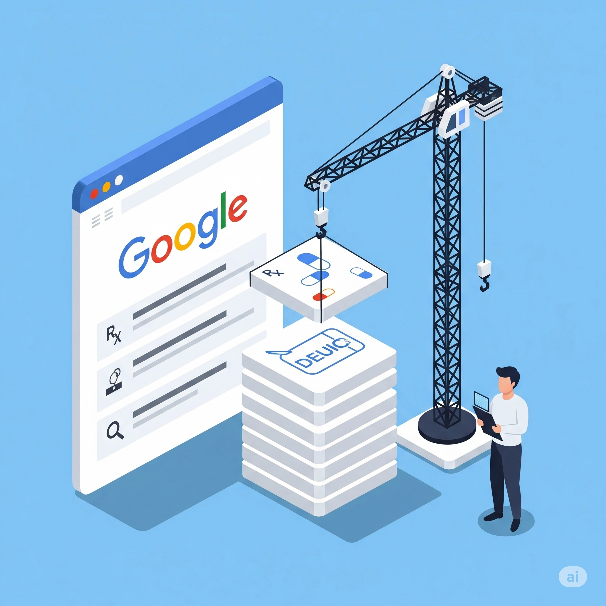 An isometric illustration showing a digital marketing expert using a large crane to elevate a white block representing a pharmaceutical product listing on a Google search results page, set against a sky blue background. The block has subtle pharma icon